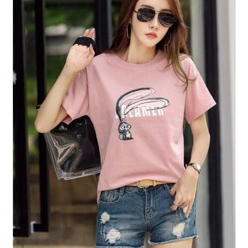 2021 Summer Cotton Women’s T Shirt Short Sleeve O Neck Pink Print Casual Cartoon Loose Tee Tshirts Femme Korean Fashion Tops