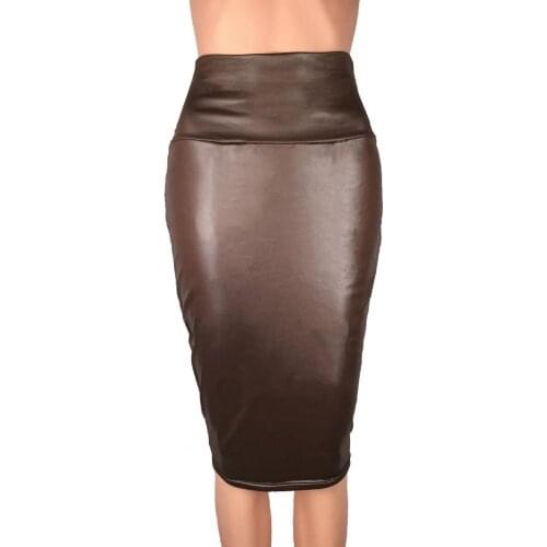 Women Casual PU Leather Bodycon Midi Skirt Ladies Faux Leather Pencil Skirt Hip Wrapped Back Zip Shiny PVC High Waisted Custom