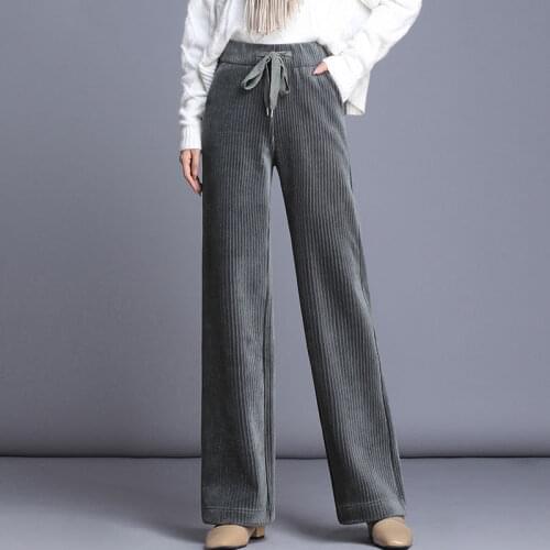 Plus size White Black Corduroy Pants Women 2020 Spring Sweatpants High Waist Elastic Pleated Wide Leg Pant Palazzo Mujer