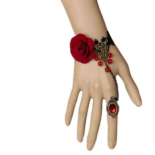 Handmade Gothic Womens Red Rose Flower Beads Drop Black Lace Adjustable Ring Bracelet Slave Set Bronze Alloy Retro Lolita Ball