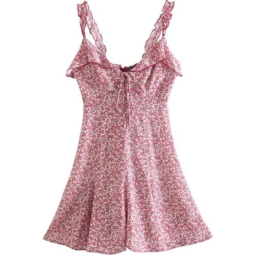 Floral Printed Boho Style Women Mini Dress V Neck Spaghetti Strap Ruffle Dress Summer Casual Sleeveless Backless Dresses