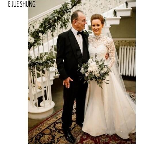 E JUE SHUNG Vintage Lace Mermaid Wedding Dresses With Detachable Train High Neck Long Sleeves Bridal Dresses robe de mariage