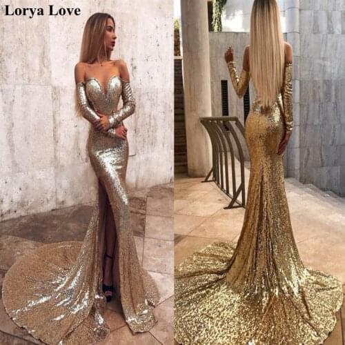 Gold Sequin Split Sexy Evening Dresses 2020 Party Robe De Soiree Elegant Off Shoulder Long Sleeve Vestidos Shiny Prom Maxi Dress