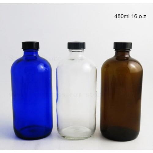 16 Oz Large Blue Clear Amber 480ml Boston Round Glass Bottle PolySeal Black Phenolic Cone Lined Caps
