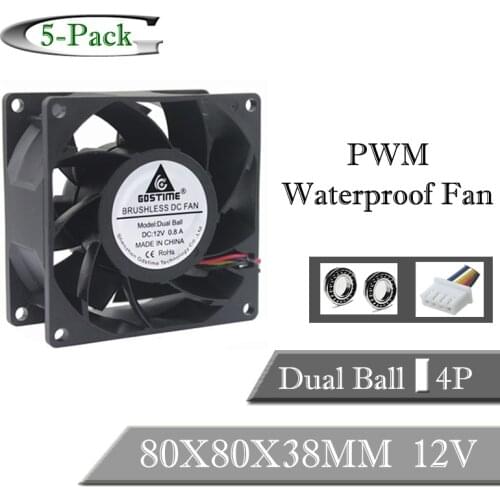 5PCS Gdstime 8038 DC 12V 8cm 80mm Ball Bearing Waterproof Cooling Fan 80x80x38mm PWM 4Pin Inverter Cooler Cooling