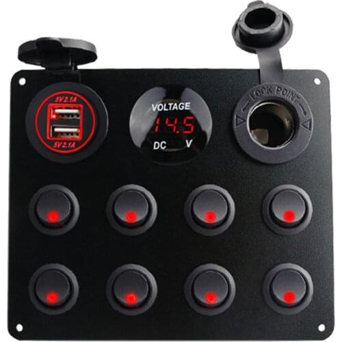 8-Gang Car Marine LED Rocker Switch Panel With Digital Voltmeter Dual USB Port 12V Cigarette Lighter Socket