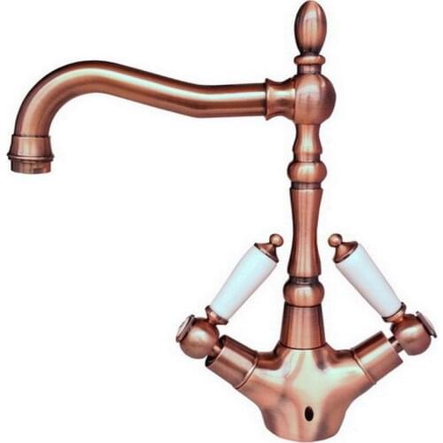 Antique Red Copper Bathroom Kitchen Vessel Sink Mixer Tap Faucet Swivel Spout Dual Ceramics Handles arg001