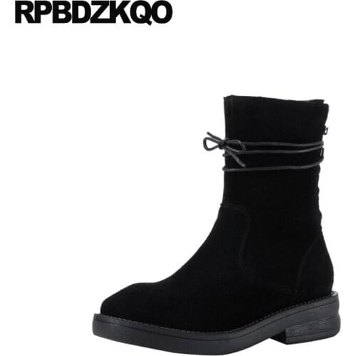 Front Lace Up Casual Ankle Boots Autumn Women British Combat Black Winter Round Toe Shoes Military Chunky Block Army Fur Suede