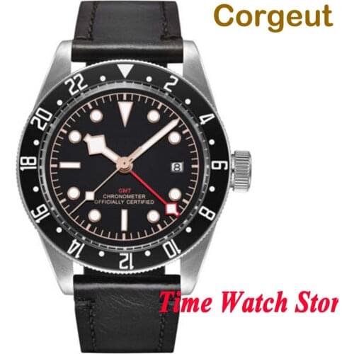 Corgeut 41mm GMT 5ATM automatic wrist watch men luxury sapphire glass leather strap black strile dial luminous waterproof