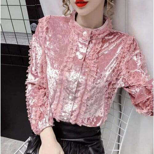 Elegant Gold Velvet Bottoming Blouse Women Spring Autumn New Fashion Loose Long-sleeve Lace Top Button Gauze Stitching Shirt