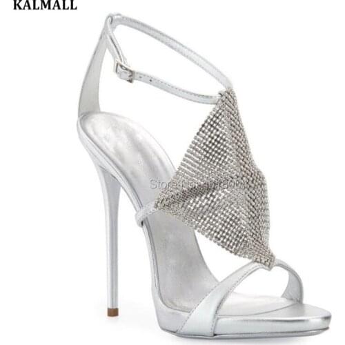 KALMALL Women Crystal Chained Sandals Silver Gold Platform High Heels Buckle Strap Gladiator Stilettos Party Dress Sandles Mujer