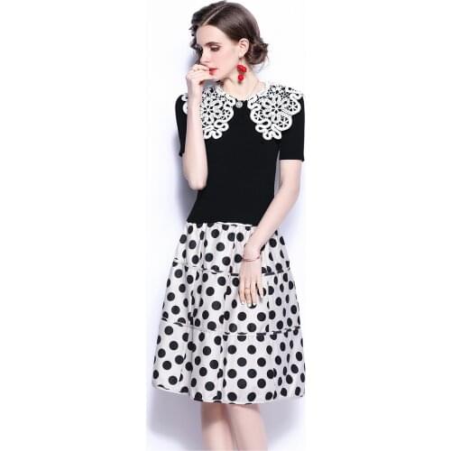 Beads Lace Dress Women O-neck Collar Knitted Polka Dot Dresses Two-Piece Set Hook Flower Knee-Length Dresses for Women Party