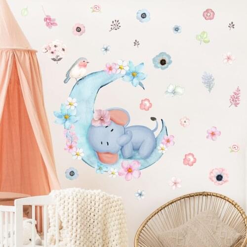 Cartoon Elephant Sleeping on The Moon Wall Stickers for Kids Room Decoration Nursery Mural Bedroom Decals Baby Room Wallpaper