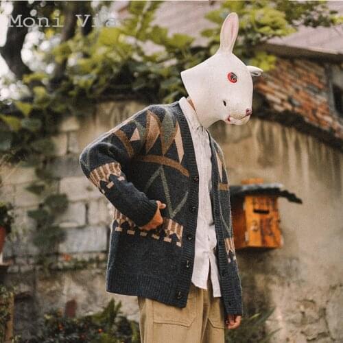 Mens Cardigan Autumn Winter Cotton V-Neck Argyle Warm Sweater Men Retro Japanese Style All Match Casual Ulzzang Chic Men Jacket