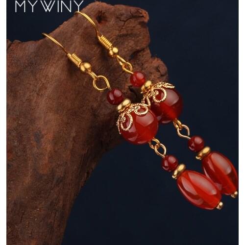 MYWINY vintage ethnic drop long dangle earrings, Red color stone beads for women vintage jewelry, Classic staly earrings