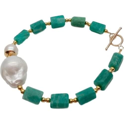 YYGEM Natural Green Peruvian Amazonite nugget Rough White Keshi Pearl Bracelet 8.5" vintage style handmade for women