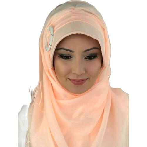 New Fashion Hijab 2021 Women Muslim Chiffon Headscarf Islamic Turban Sayf Model Light Salmon Color Buckled Womens Hat Shawl