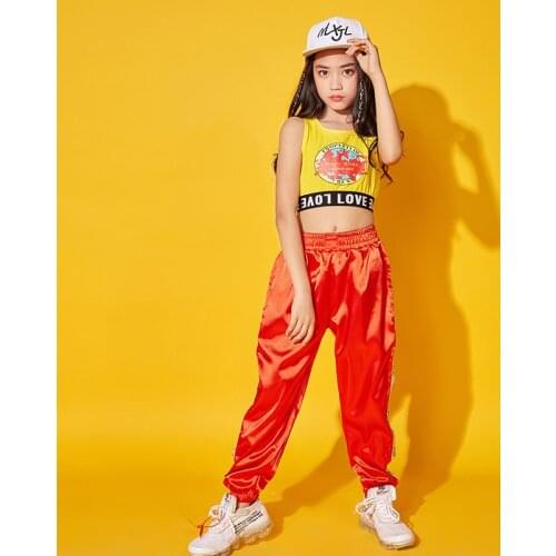 Hip hop boys clothes, yellow jackets vest, girls running red casual pants, jazz dance clothes, living room dance clothes