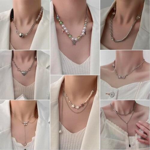 SOHOT Punk Cute Titanium Steel Multilayer Heart Pearl Star Cross Butterfly Pendant Necklace Female Jewelry Wedding Drop Shipping