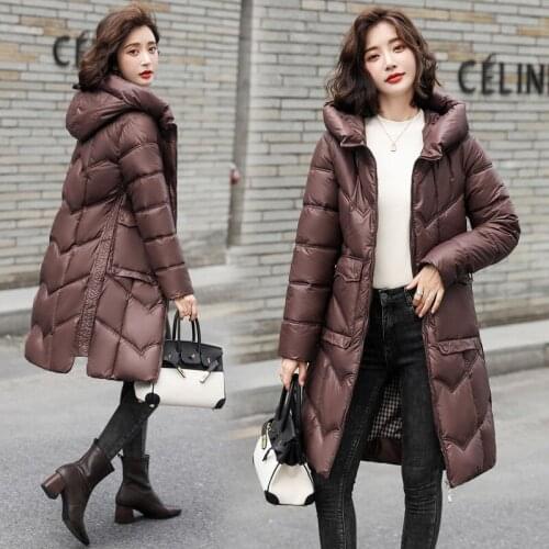 Parka women popular bright face down clothes womens middle and long 2021 winter new loose and thin over knee coat