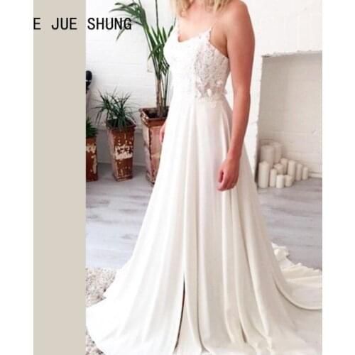 E JUE SHUNG Simple Boho Backless Wedding Dresses Spaghetti Strap Vestido Noiva Lace Appliques Bridal Gown A-line Bride Dresses