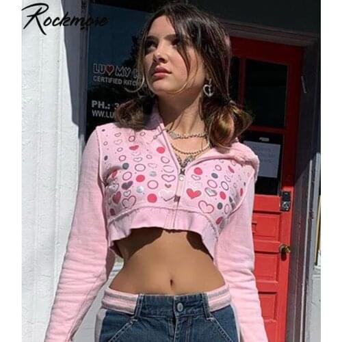 Rockmore Heart Printed Cropped Sweet Hoodies Y2K Aesthetic 90s Vintage Zip Up Sweatshirt Short Jackets Pink Casual Basic Hoodie