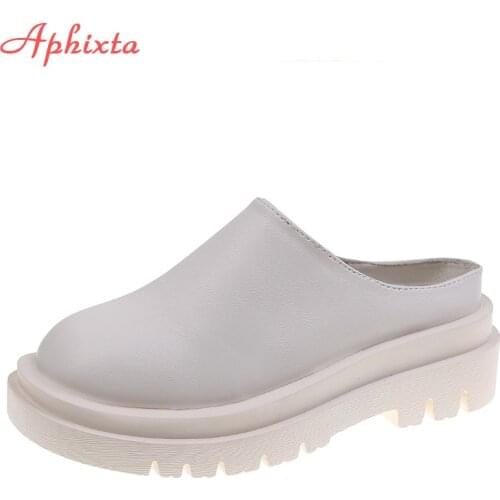 Aphixta Double Layer Chuky Sole Half Slippers Women Mules Rubber Round Loafers Shoes Fashion Slides Plus Size 42 43