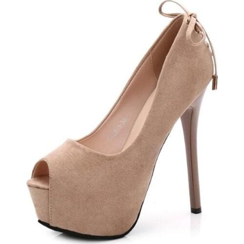 Shoes Woman 14CM Thin High heels Pumps Flock Lace Up Peep Toe waterproof Classics Party Wedding fashion Dress pumps women shoes