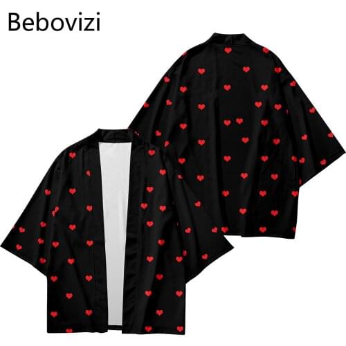 Streetwear Men Women Cardigan Cosplay Haori Yukata Harajuku Tops Robe Clothes 2021 Red Heart Print Japanese Cartoon Beach Kimono
