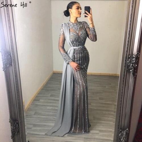 Serene Hill Muslim Style Grey Full Sleeves Luxury Beading Evening Dresses Long 2021 Mermaid Formal Gowns With Skirt DLA70199