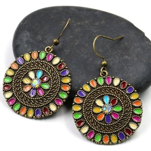 Vintage Bronze Round Drop Earrings for Women Colorful Enamel Flower Earring Indian Jhumka Statement Jewelry Bohemian Party