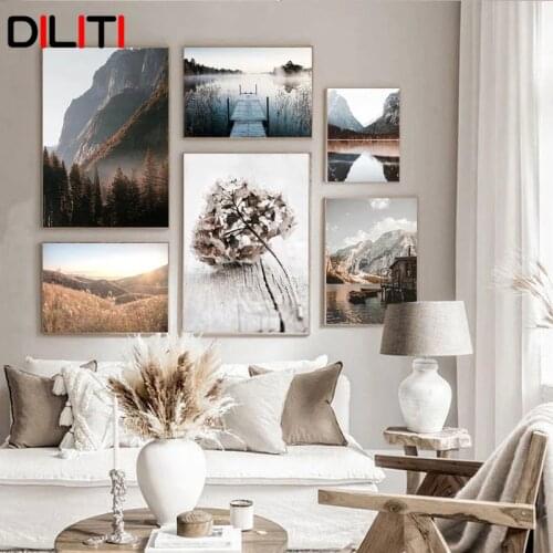 Sun Rising Nature Landscape Canvas Painting Scandinavian Mountain Lake Wall Art Print Poster Modern Home Decorative Pictures