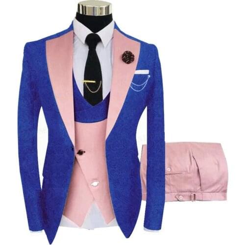 High Quality Royal Blue Floral Wedding Men Suit Costume Homme Groom Wear Tuxedos Party Blazer Terno Slim Fit Pink Vest Pants