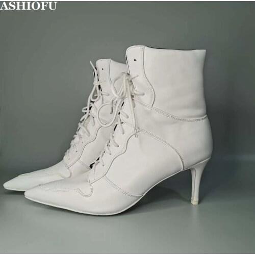 ASHIOFU Handmade New Ladies Mid-heel Boots Cross-shoelace Pointed-toe Party Prom Ankle Booties Real-pics Winter Fashion Boots