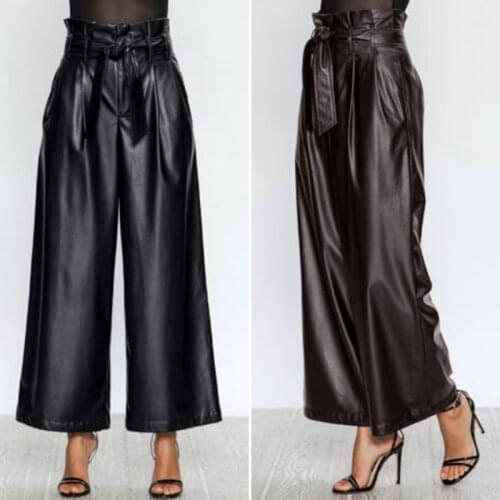 Womens PU Leather Pants ZANZEA 2021 Stylish Wide Leg Trousers Ruflle High Waist Pantalon Palazzo Female Solid Turnip