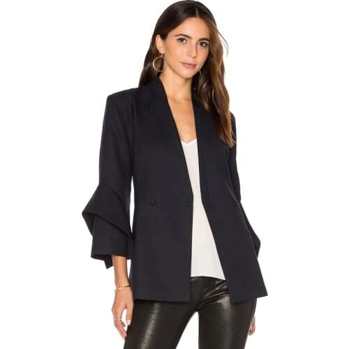 Womens Blazer Coat Fashion Petal Sleeve Single Button Office Lady Jacket Coats Female Causal Blazer Suit Workwear Black Color