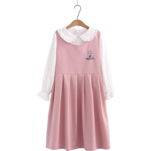 Dress Sets Women Two Piece Sets Cartoon Bear Embroidery Tank Dresses and Solid Long Sleeve Cotton Shirts Sweet Style Set Clothes