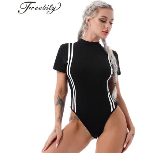 Women Summer Skinny Yoga Dance Gym Jumpsuit Gymnastics Dancewear Stand Collar Short Sleeves Stripes Print Sport Leotard Bodysuit