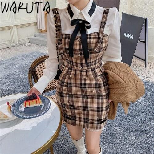 WAKUTA 2020 Sleeveless Ruffled Hem Crop Top Skirt Plaid 2 Piece Set Spring Autumn Women Sweet Vintage Camis High Waist Outfits