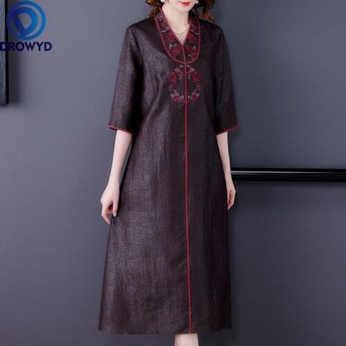 2021 Summer Silk Tortoise Pattern Fragrant Cloud Yarn Dress Embroidered Retro V-neck Loose Dress Fashion Slim Mother Silk Dress