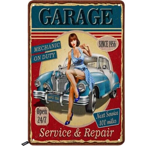 Garage Tin Signs Pinup Girl Sit on The Car Mechanic on Duty Service and Repair Vintage Metal Tin Sign Wall Decor for Bars Cafes