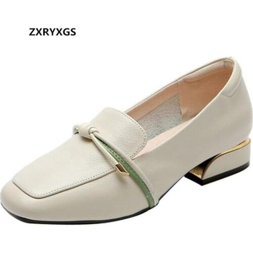 ZXRYXGS Soft Top Cowhide Square Head Women Leather Shoes 2020 New Comfort Low Heel Spring Shoes Woman Fashion Shoes Large Size