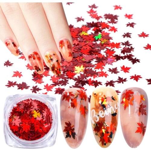 1PC Holographic Leaves Nail Art Decorations Yellow Red Sequins Paillette Tips Nail Glitter Flakes Fall Maple Slice Tools