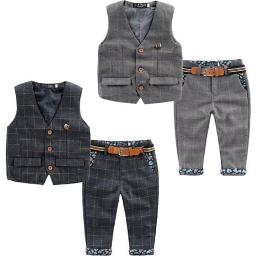 Retail 3pcs Vest+Belt+Pants Plaid Boys Wedding Suits Kids Formal Blazer Clothing Sets 2 Colors S338