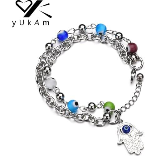 YUKAM Stainless Steel Double Layer Hamsa Turkish Lucky Evil Eye Bracelet Adjustable Fatima Hand Beads Bracelets for Women Gifts