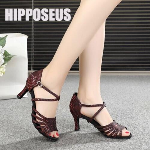 HIPPOSEUS Dance Shoes Women Latin Girls Tango Modern Ballroom Dance Shoes Ladies Soft Dancing Shoes Satin Dance-Shoes Red Brown