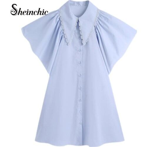 Korean Fashion Lace Collar Mini Dresses for Women 2021 Summer Elegant Short Sleeve Blue Cotton Shirt Dress Female