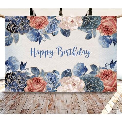 Laeacco Birthday Photocall Blue Pink Flowers Leaves Custom Photography Backdrops Baby Shower Newborn Backgrounds For Photo Shoot