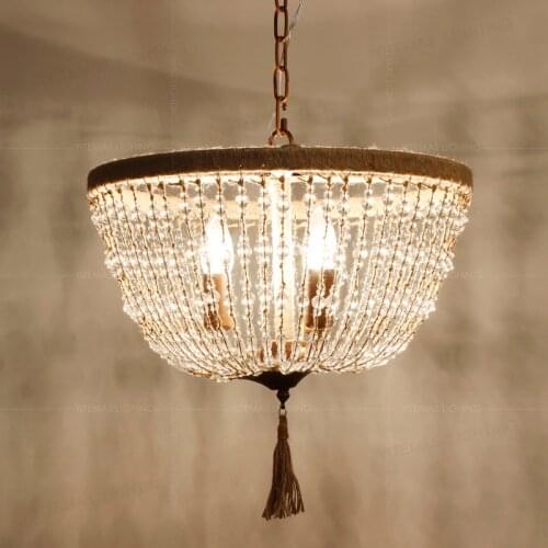 Loft Bedroom crystal beads chandeliers hemp rope 3 lights chandelier lighting french dining suspension light nordic kitchen lamp