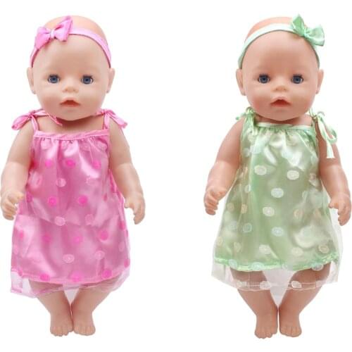 43 Cm Boy American Dolls Dress 2Pcs/Set Summer Lace Halter Skirt + Bow Headband Born Baby Toy Accessories 18 Inch Girls f279